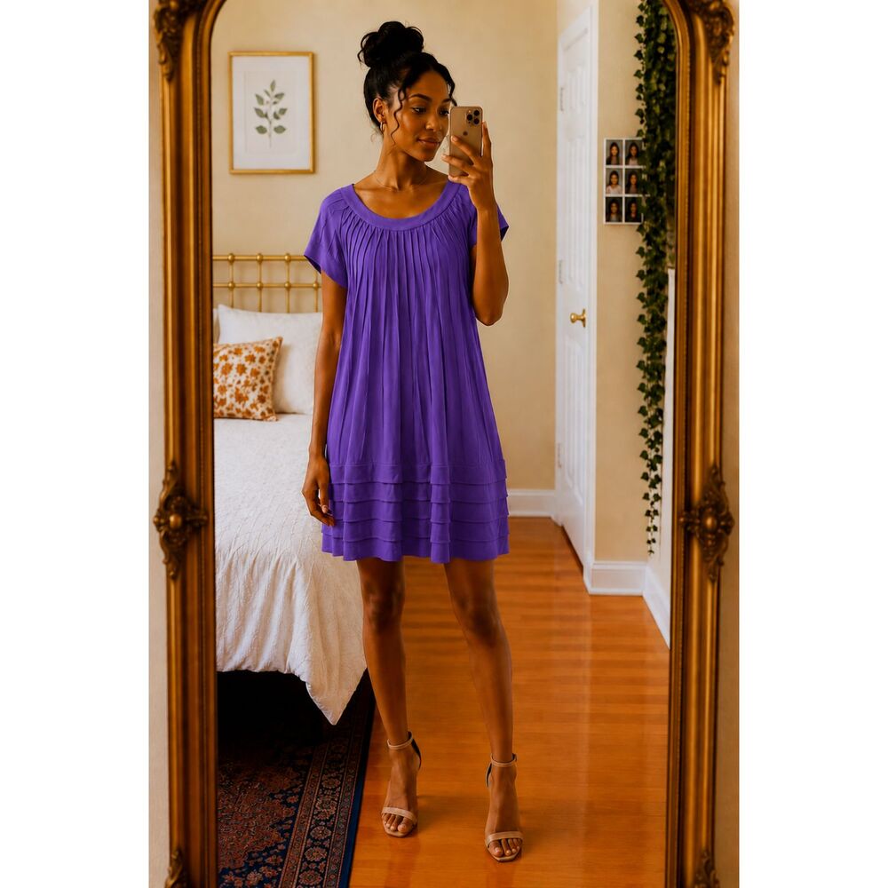 VTG JAX Women Pintuck Scoop Neck Tiered Purple Swing Knee Length Dress Size 12